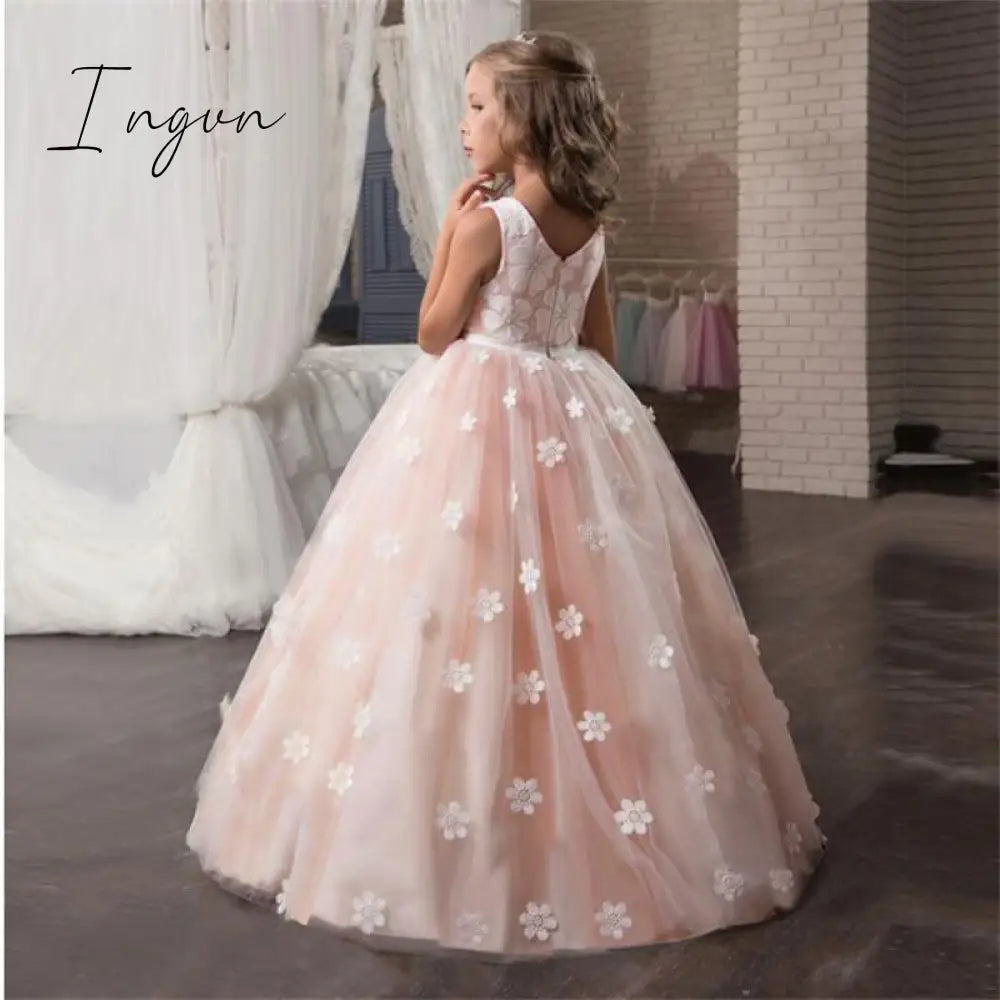 Ingvn - Red Girl Lace Embroidery Christmas Birthday Party Dress Flower Wedding Gown Formal Kids