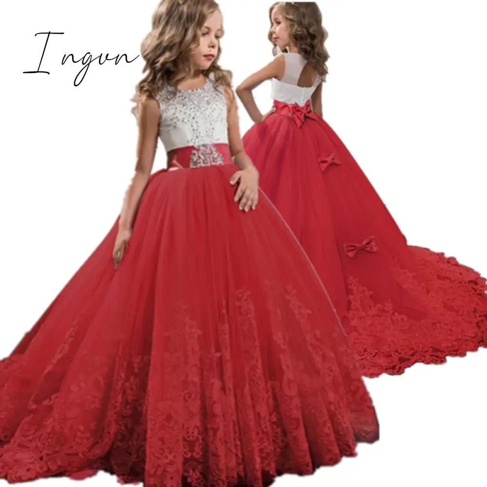 Ingvn - Red Girl Lace Embroidery Christmas Birthday Party Dress Flower Wedding Gown Formal Kids