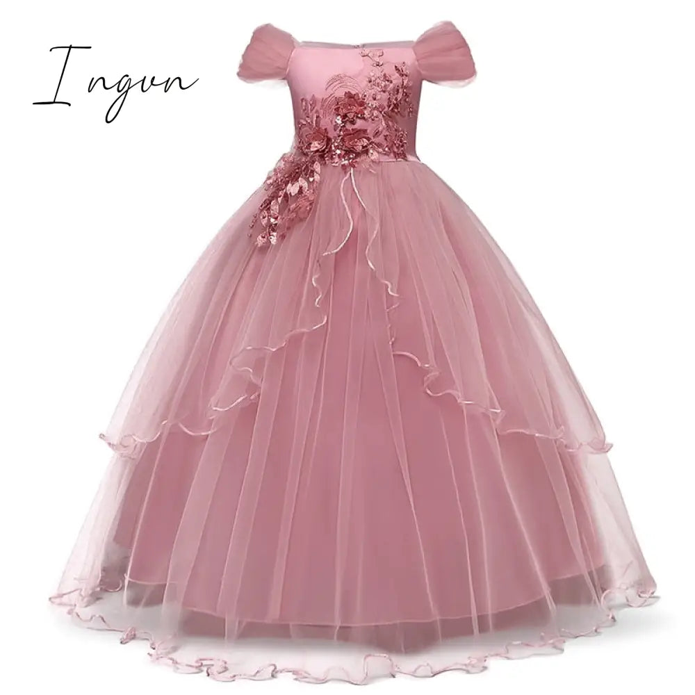 Ingvn - Red Girl Lace Embroidery Christmas Birthday Party Dress Flower Wedding Gown Formal Kids