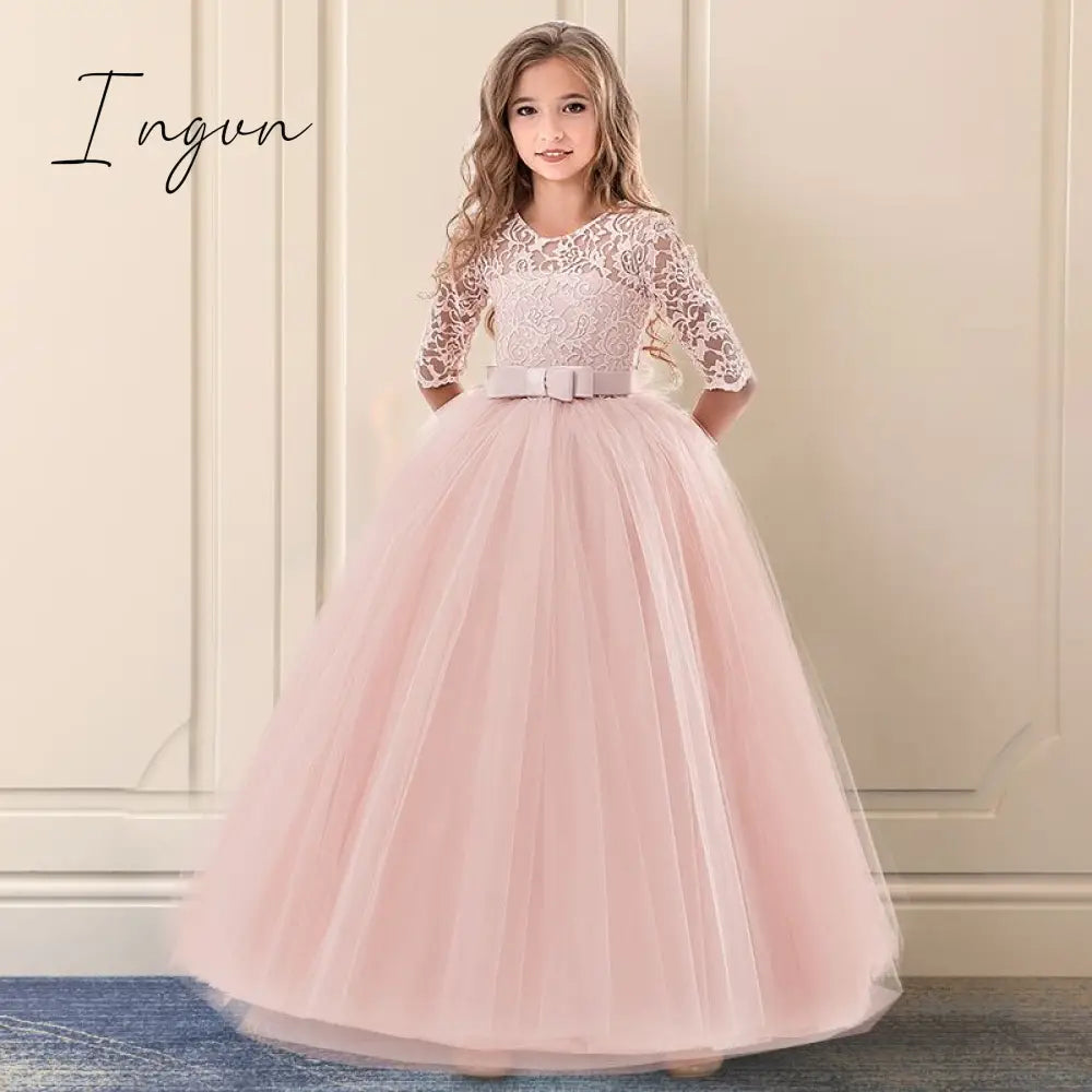 Ingvn - Red Girl Lace Embroidery Christmas Birthday Party Dress Flower Wedding Gown Formal Kids