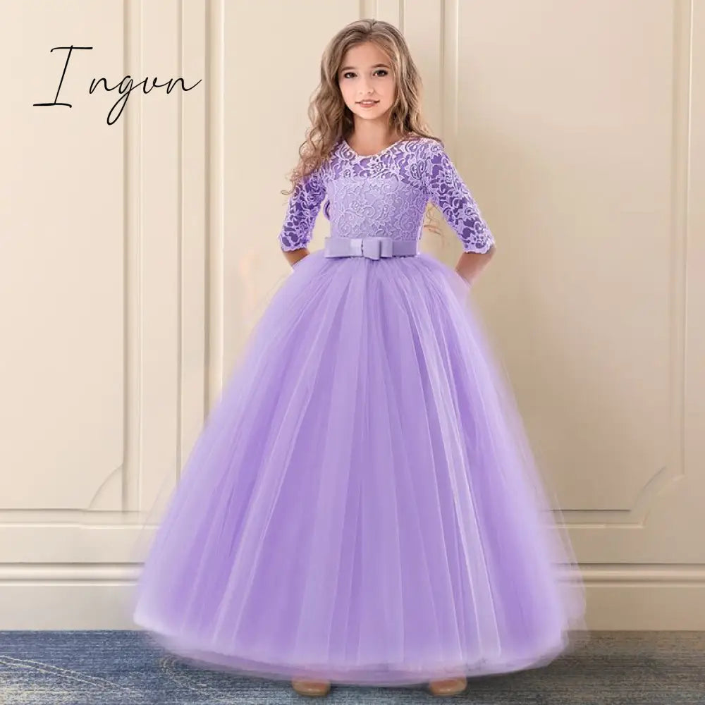 Ingvn - Red Girl Lace Embroidery Christmas Birthday Party Dress Flower Wedding Gown Formal Kids