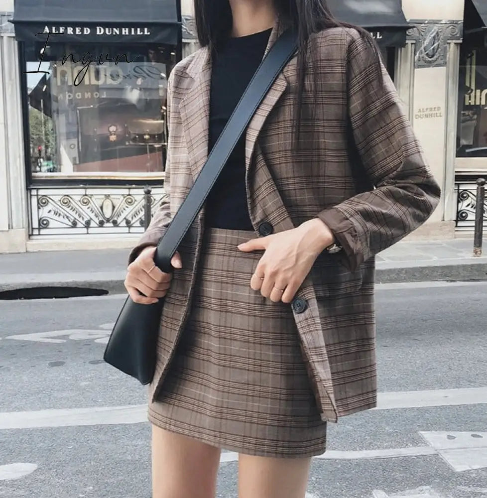 Ingvn - Retro Plaid Blazer Set Single - Breasted Jacket & Pencil Skirt 2 Pieces Suit Female Office