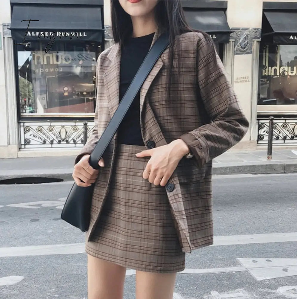 Ingvn - Retro Plaid Blazer Set Single - Breasted Jacket & Pencil Skirt 2 Pieces Suit Female Office