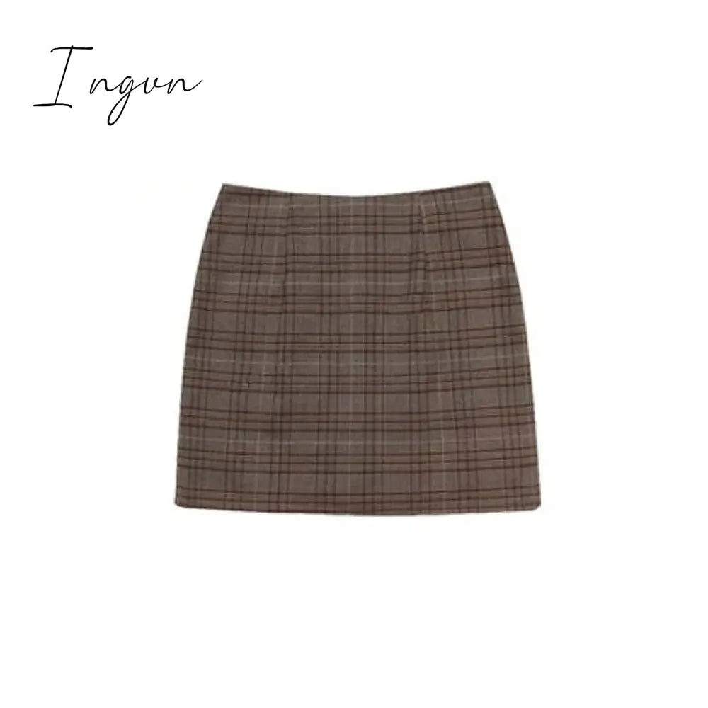 Ingvn - Retro Plaid Blazer Set Single - Breasted Jacket & Pencil Skirt 2 Pieces Suit Female Office