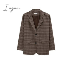 Ingvn - Retro Plaid Blazer Set Single - Breasted Jacket & Pencil Skirt 2 Pieces Suit Female Office