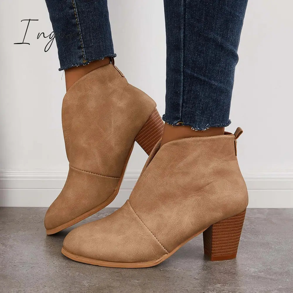 Ingvn - Retro Western V Cut Ankle Boots Khaki / 5