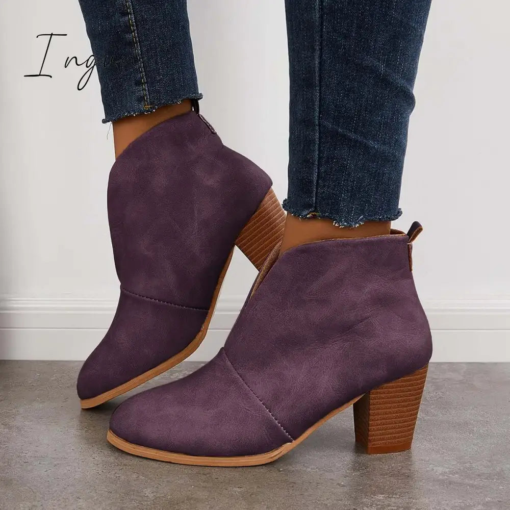 Ingvn - Retro Western V Cut Ankle Boots Purple / 5