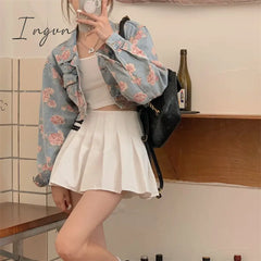 Ingvn - Rose Pattern Loose Short Jeans Jacket