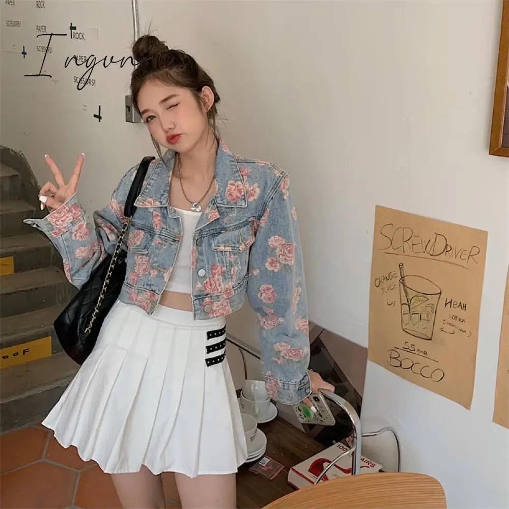 Ingvn - Rose Pattern Loose Short Jeans Jacket