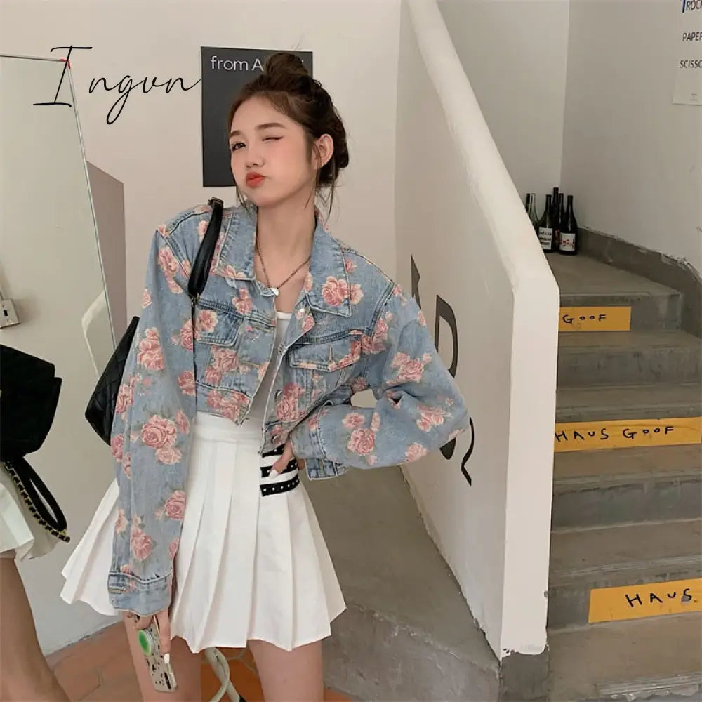 Ingvn - Rose Pattern Loose Short Jeans Jacket Photo / One Size