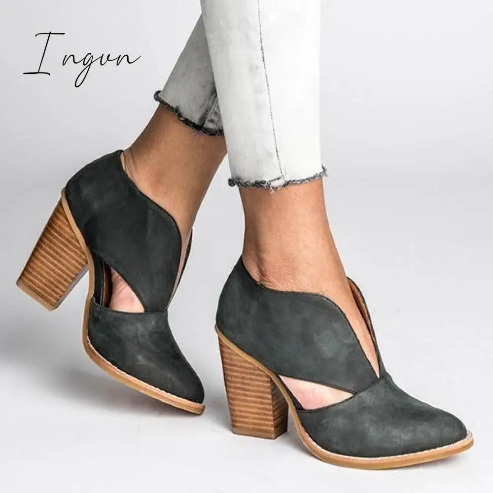 Ingvn - Round Toe Women Chunky Heel Casual Pu Ankle Boots Black / 5