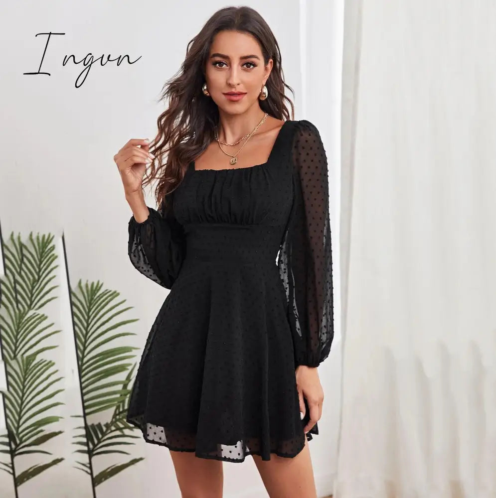 Ingvn - Ruched Bust Lantern Sleeve Swiss Dot Chiffon Dress