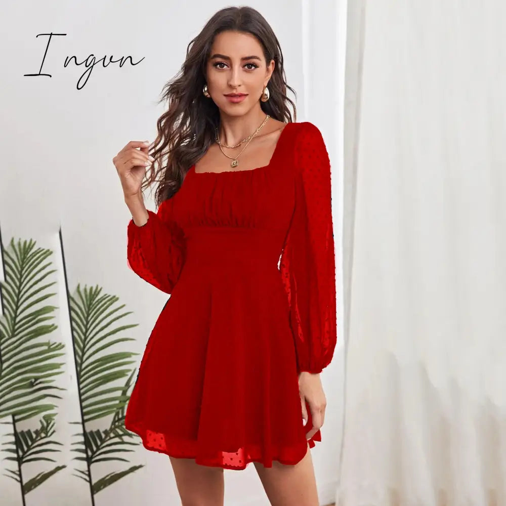 Ingvn - Ruched Bust Lantern Sleeve Swiss Dot Chiffon Dress
