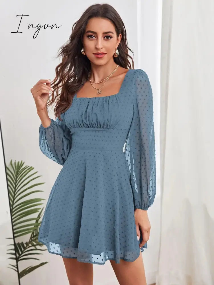 Ingvn - Ruched Bust Lantern Sleeve Swiss Dot Chiffon Dress Grey Blue / S