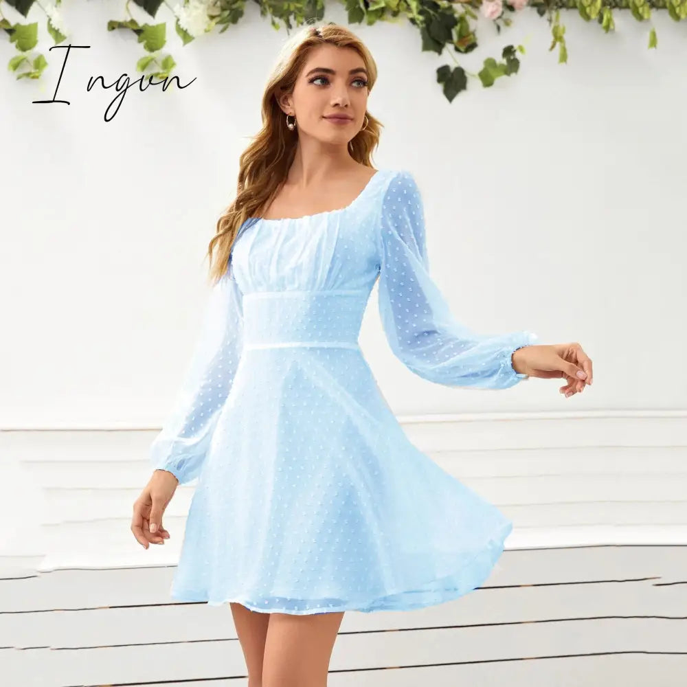 Ingvn - Ruched Bust Lantern Sleeve Swiss Dot Chiffon Dress Light Blue / S