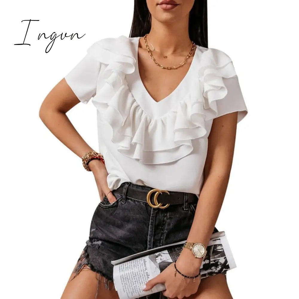 Ingvn - Sale Women Deep V Neck Top White Jacquard Fashion Shirt Female Long Sleeve Chic Sexy Polka