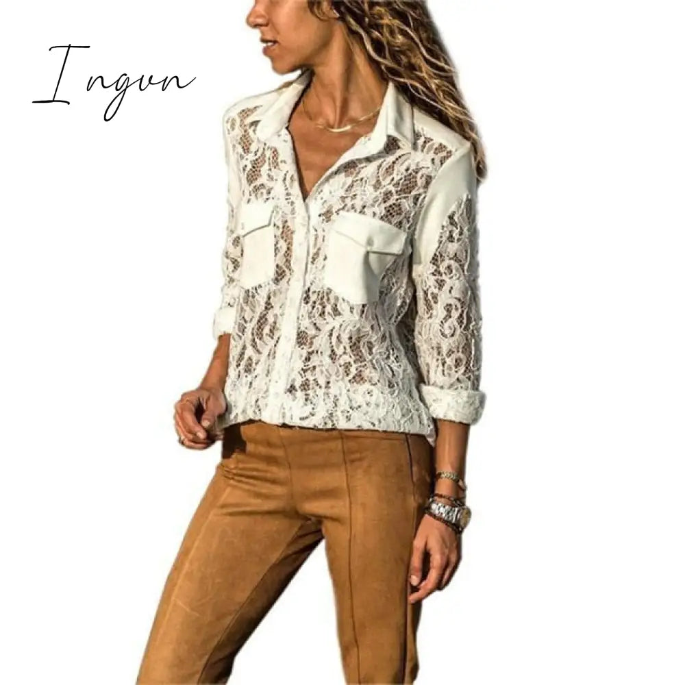 Ingvn - Sale Women Deep V Neck Top White Jacquard Fashion Shirt Female Long Sleeve Chic Sexy Polka