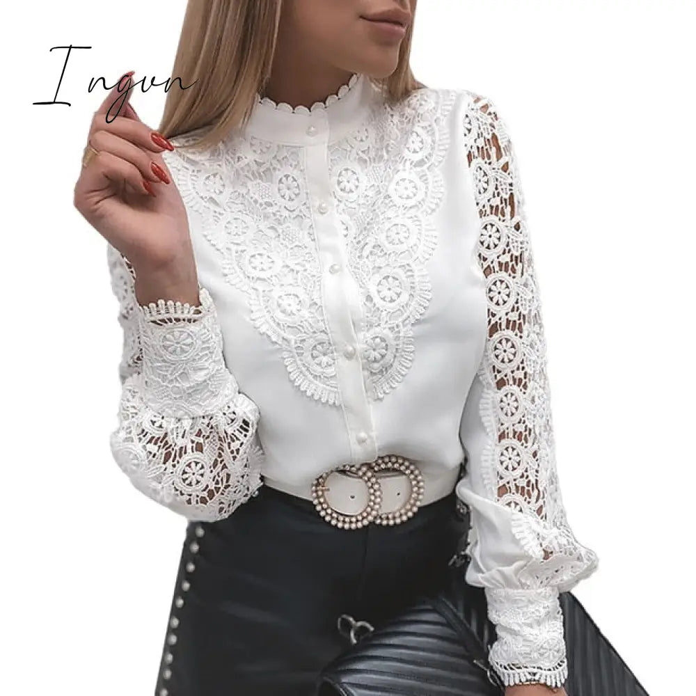Ingvn - Sale Women Deep V Neck Top White Jacquard Fashion Shirt Female Long Sleeve Chic Sexy Polka
