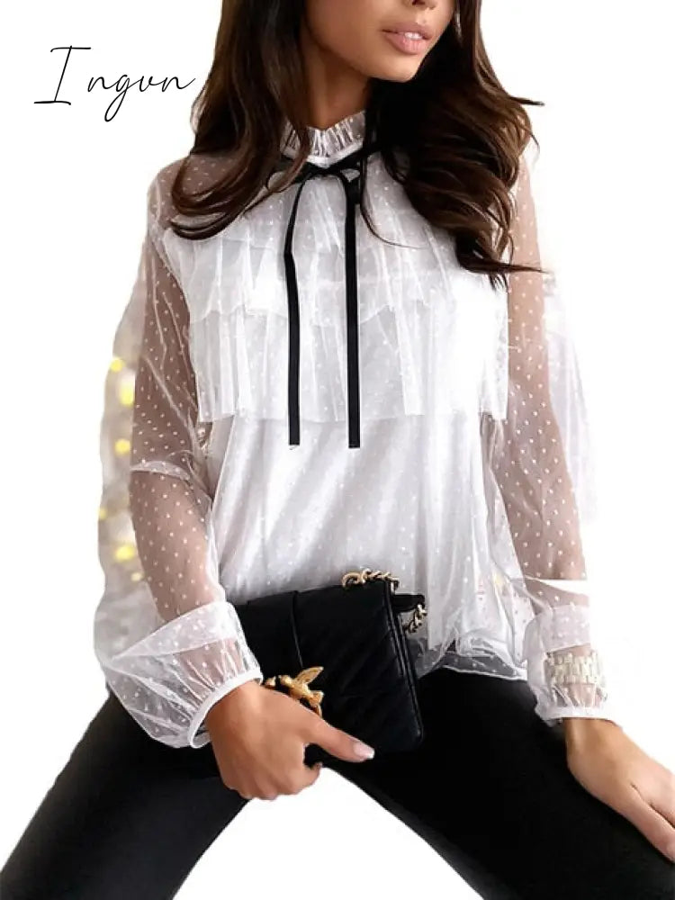 Ingvn - Sale Women Deep V Neck Top White Jacquard Fashion Shirt Female Long Sleeve Chic Sexy Polka