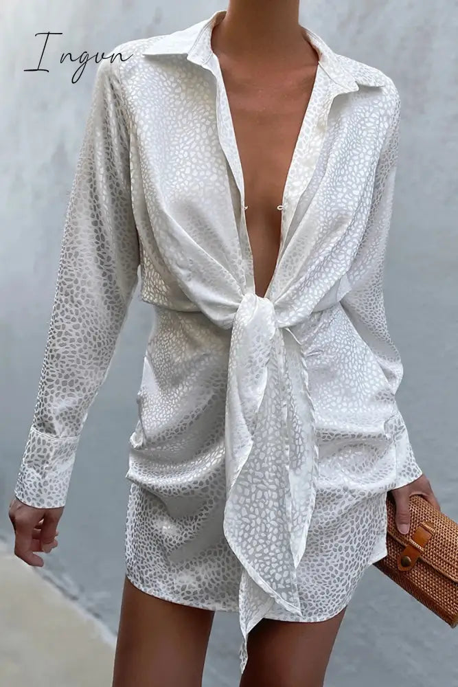 Ingvn - Sexy Animal Print Frenulum Printing Turndown Collar Wrapped Skirt Dresses(3 Colors) White /