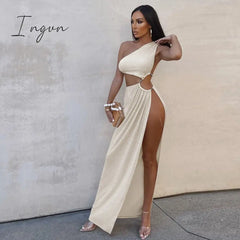 Ingvn - Sexy Asymmetric Cutout One Shoulder High Split Long Maxi Dresses For Women Fashion Party