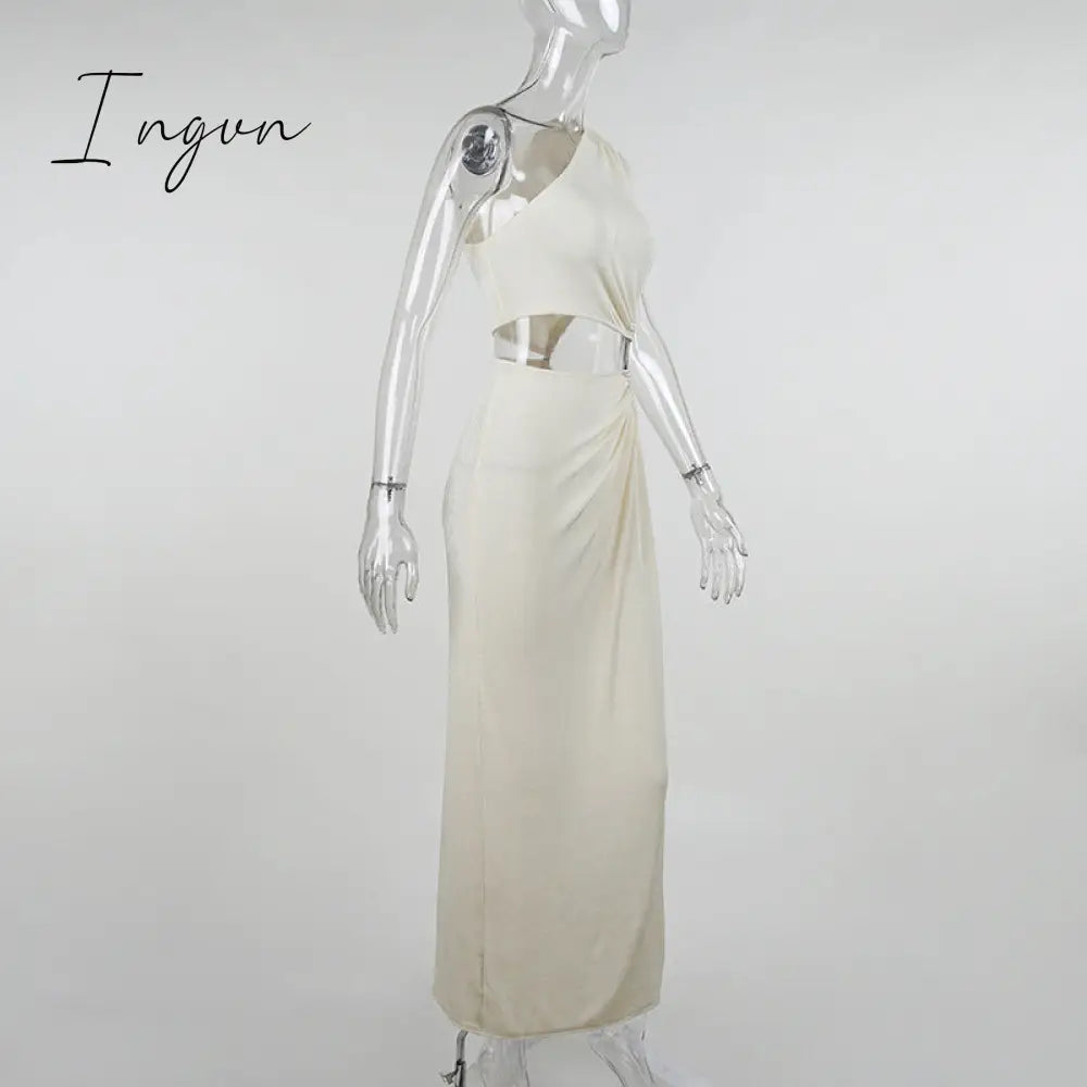 Ingvn - Sexy Asymmetric Cutout One Shoulder High Split Long Maxi Dresses For Women Fashion Party