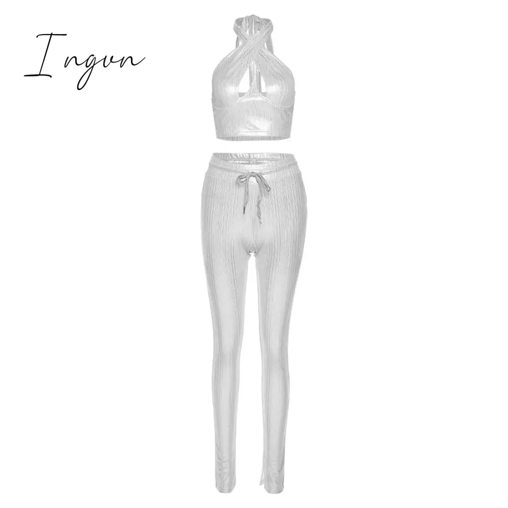 Ingvn - Sexy Bright Women 2 - Piece Suits Criss Cross Halter Camisole Tops + Skinny Split Pants