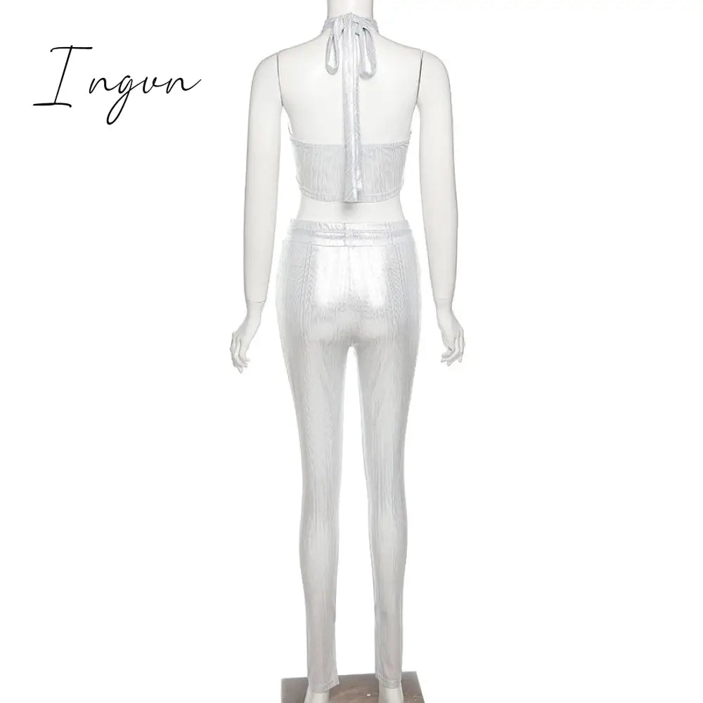 Ingvn - Sexy Bright Women 2 - Piece Suits Criss Cross Halter Camisole Tops + Skinny Split Pants