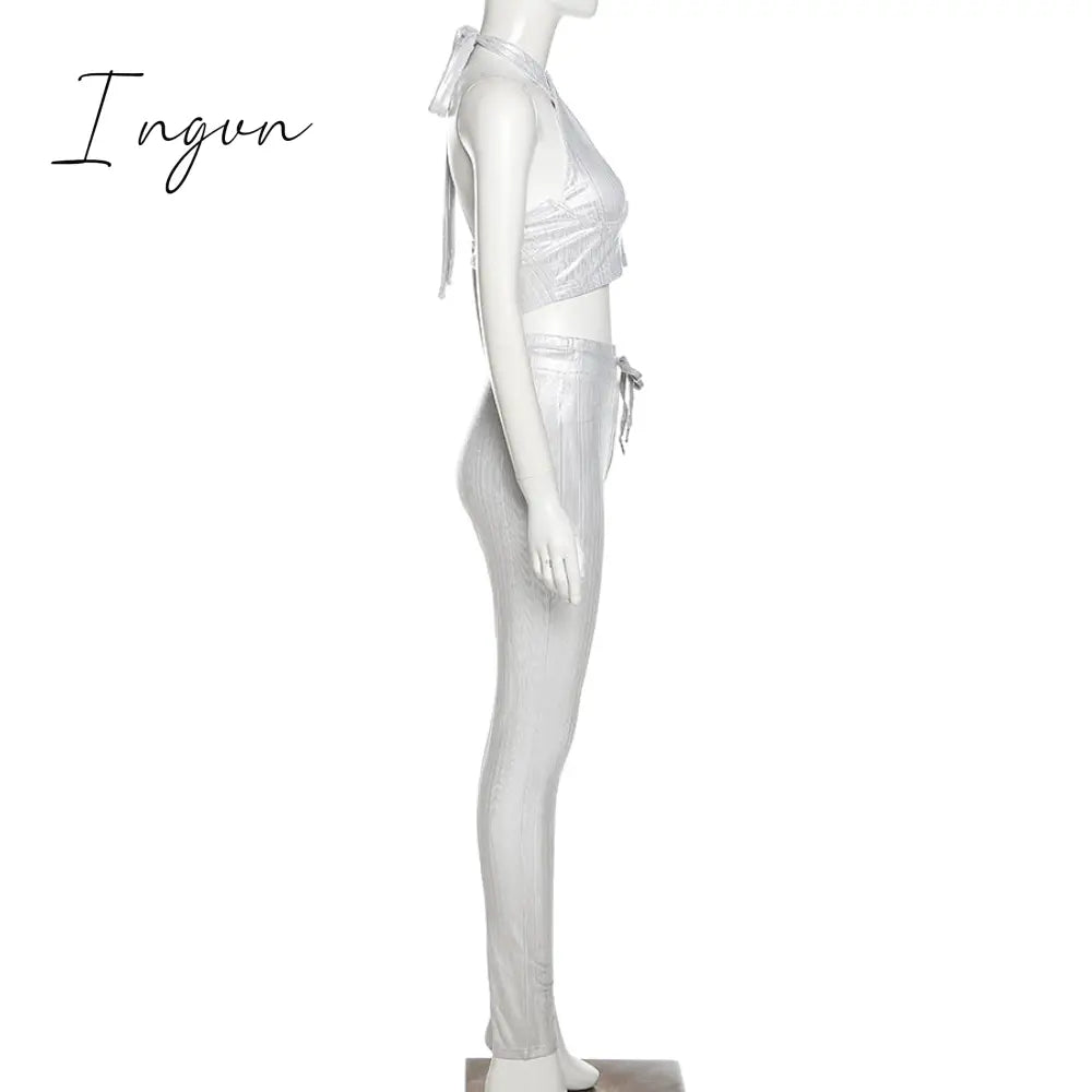 Ingvn - Sexy Bright Women 2 - Piece Suits Criss Cross Halter Camisole Tops + Skinny Split Pants