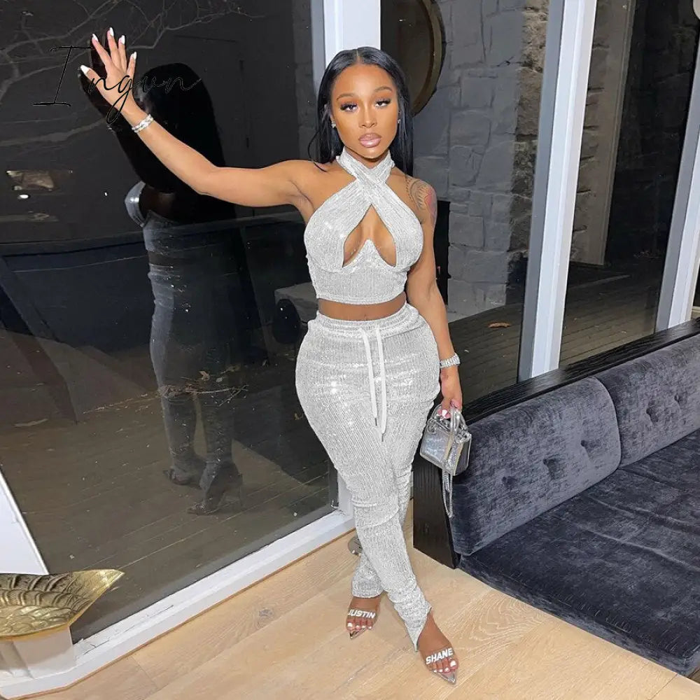 Ingvn - Sexy Bright Women 2 - Piece Suits Criss Cross Halter Camisole Tops + Skinny Split Pants