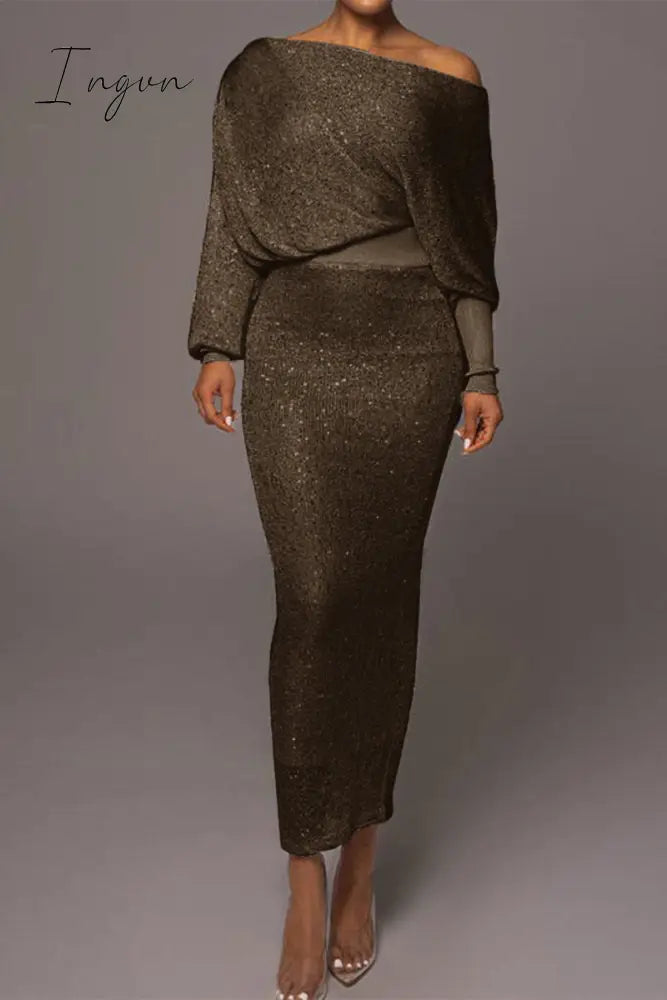 Ingvn - Sexy Celebrities Solid Oblique Collar Long Sleeve Two Pieces Black Gold / S