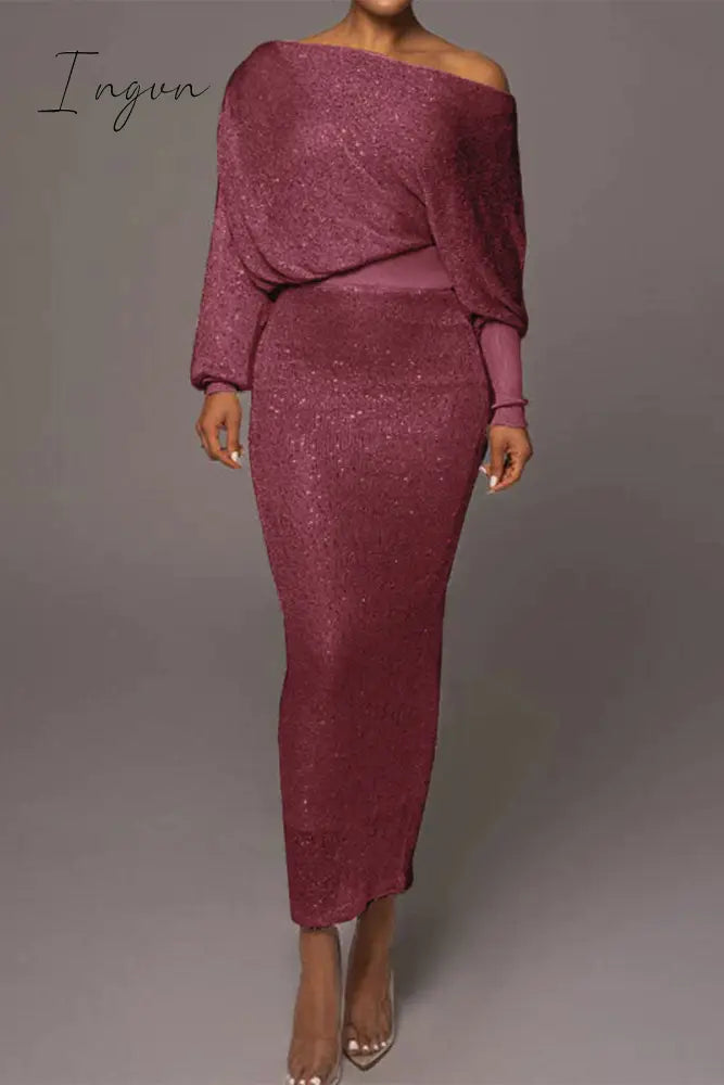 Ingvn - Sexy Celebrities Solid Oblique Collar Long Sleeve Two Pieces Deep Pink / S Pieces/Two-Piece
