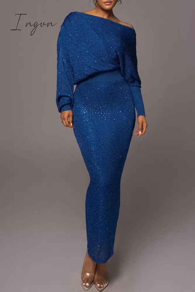Ingvn - Sexy Celebrities Solid Oblique Collar Long Sleeve Two Pieces Pieces/Two-Piece Dress