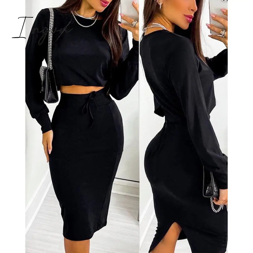 Ingvn - Sexy Crop Long Sleeve Pink Bodycon Dress Sets Women Autumn Print Cropped Feminino Two Piece