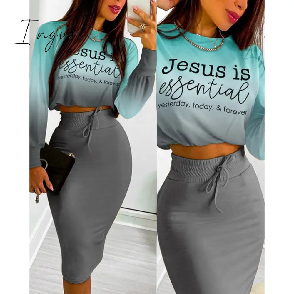 Ingvn - Sexy Crop Long Sleeve Pink Bodycon Dress Sets Women Autumn Print Cropped Feminino Two Piece