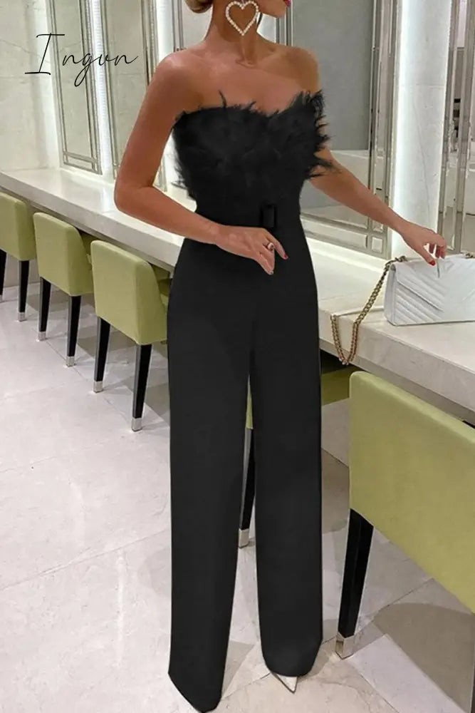 Ingvn - Sexy Feathers With Belt Strapless Jumpsuits(5 Colors) Black / S Jumpsuits &