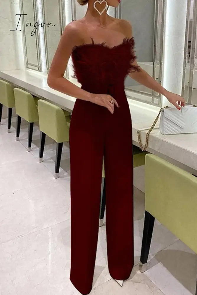 Ingvn - Sexy Feathers With Belt Strapless Jumpsuits(5 Colors) Burgundy / S Jumpsuits &