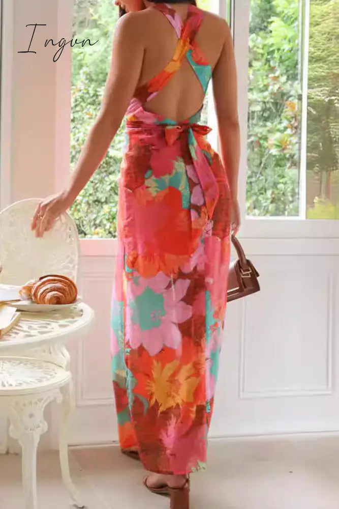 Ingvn - Sexy Floral Print Lace Up Backless Strap Design V Neck One Step Skirt Dresses Dresses/Floral