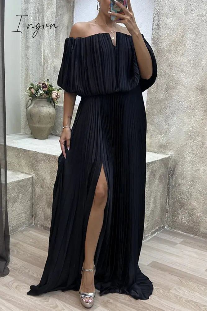 Ingvn - Sexy Formal Solid Slit Fold Off The Shoulder Evening Dress Dresses Black / S Dresses/Party