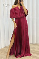 Ingvn - Sexy Formal Solid Slit Fold Off The Shoulder Evening Dress Dresses Burgundy / S
