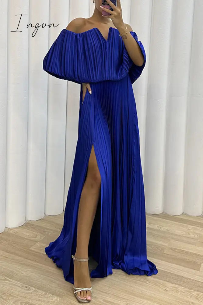Ingvn - Sexy Formal Solid Slit Fold Off The Shoulder Evening Dress Dresses Royal Blue / S
