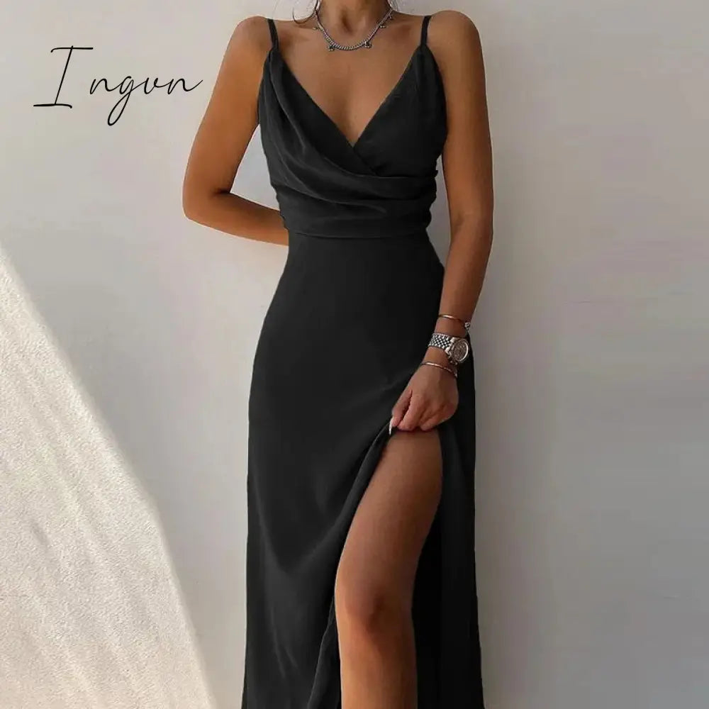 Ingvn - Sexy High Split Up Long Dress For Women Summer Print Party Sleeveless Slip V Neck Elegant