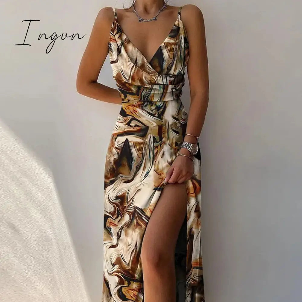 Ingvn - Sexy High Split Up Long Dress For Women Summer Print Party Sleeveless Slip V Neck Elegant