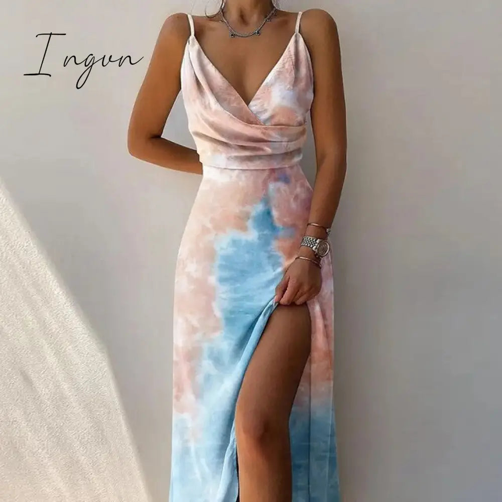 Ingvn - Sexy High Split Up Long Dress For Women Summer Print Party Sleeveless Slip V Neck Elegant