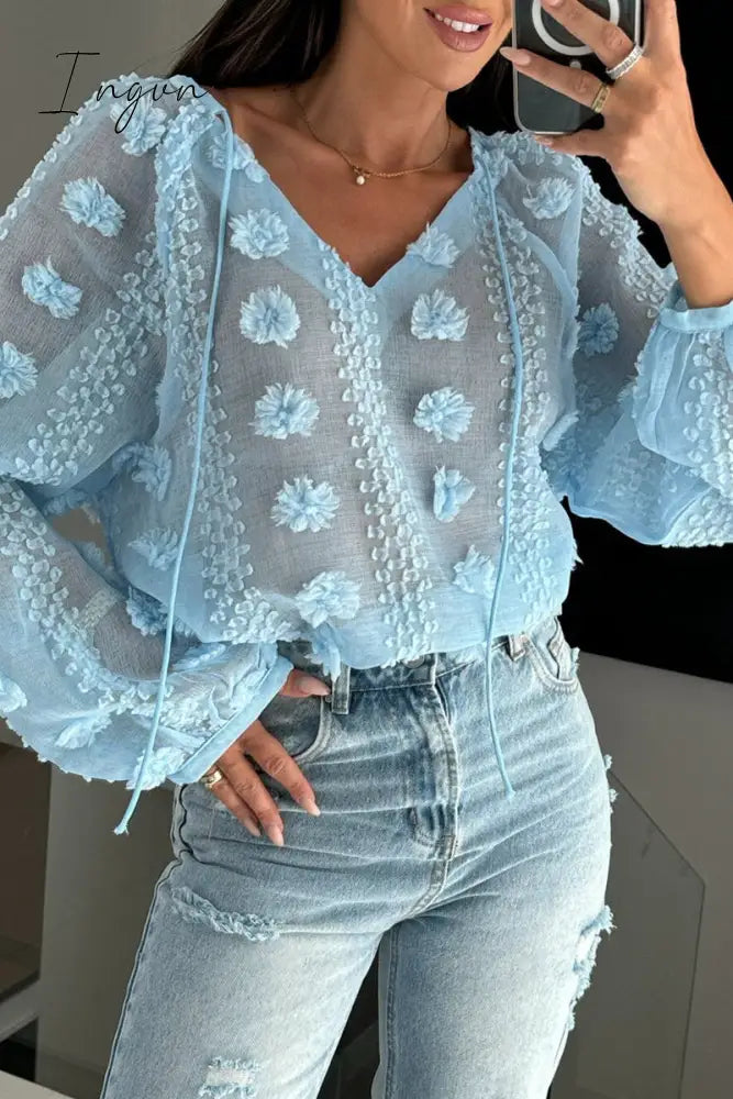 Ingvn - Sexy Jacquard Solid Color Lace Up See-Through V Neck Tops Tops/Blouses & Shirts