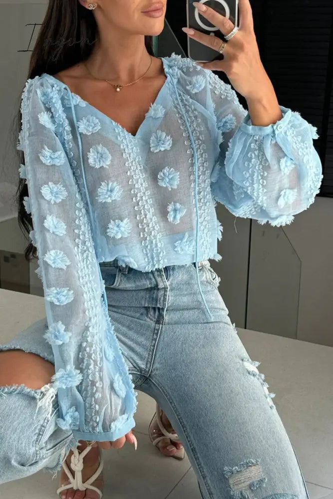 Ingvn - Sexy Jacquard Solid Color Lace Up See-Through V Neck Tops Sky Blue / S Tops/Blouses & Shirts