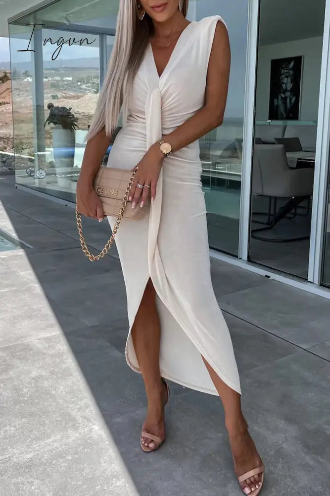 Ingvn - Sexy Simplicity Solid Fold V Neck Irregular Dress Dresses Dresses/Casual