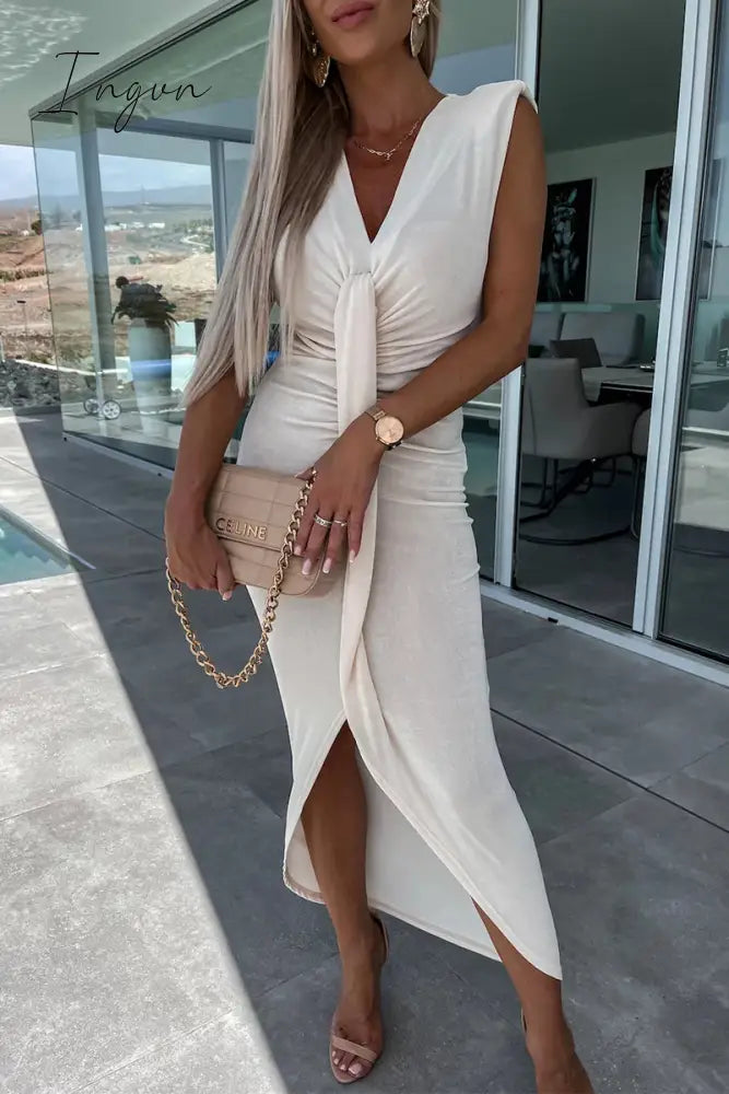 Ingvn - Sexy Simplicity Solid Fold V Neck Irregular Dress Dresses Dresses/Casual