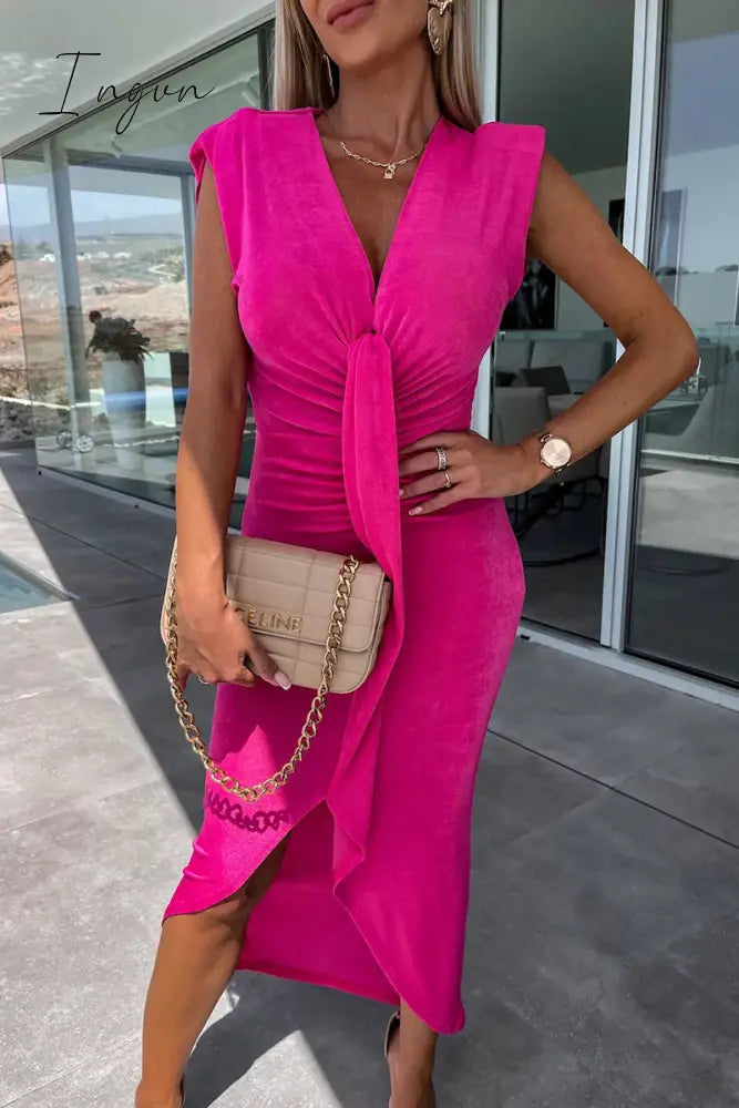 Ingvn - Sexy Simplicity Solid Fold V Neck Irregular Dress Dresses Dresses/Casual