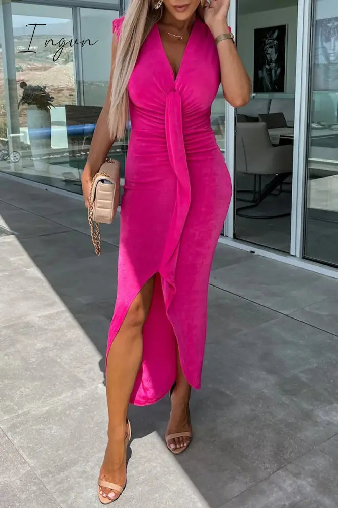 Ingvn - Sexy Simplicity Solid Fold V Neck Irregular Dress Dresses Dresses/Casual